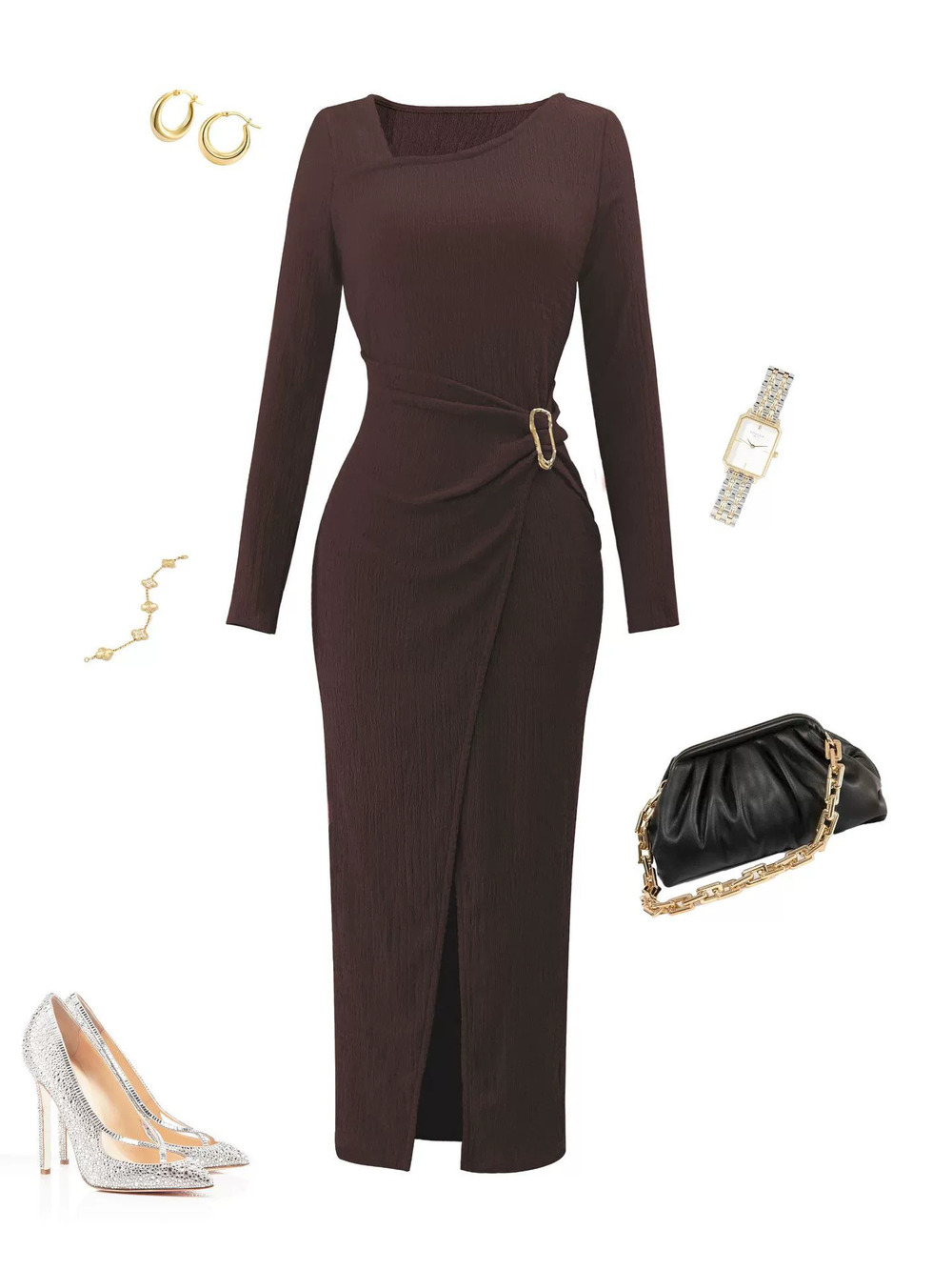 ZARA Knit Dress Deep Brown Asym Neckline Metal Ring Side Slit Long Sleeve Summer